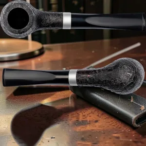 Briar Tobacco Pipe, standard Billiard Shape, 9mm Filter Compatible, Black Finish with Pouch and Box